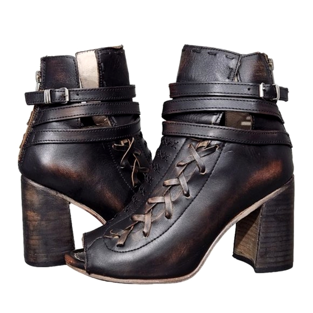 FREEBIRD BY STEVEN EAGLE BLACK DISTRESSED BROWN PEEP TOE HEELED BOOTIES SANDAL